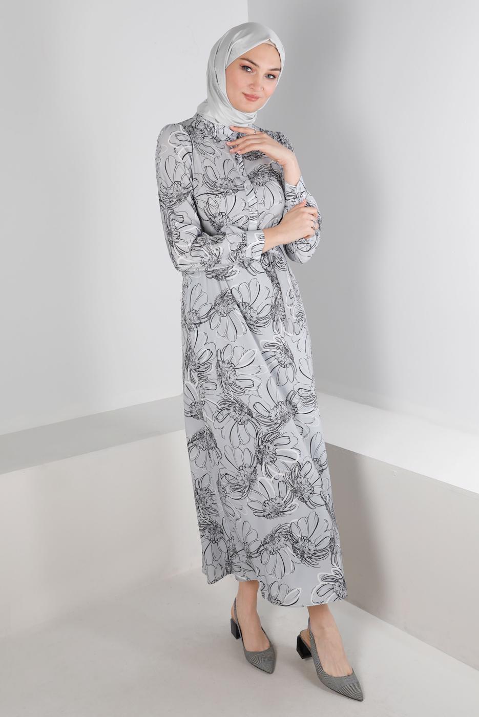 Tesettür giyim GRİ ALVİNA ÇİÇEK DESENLİ ELBİSE 42890