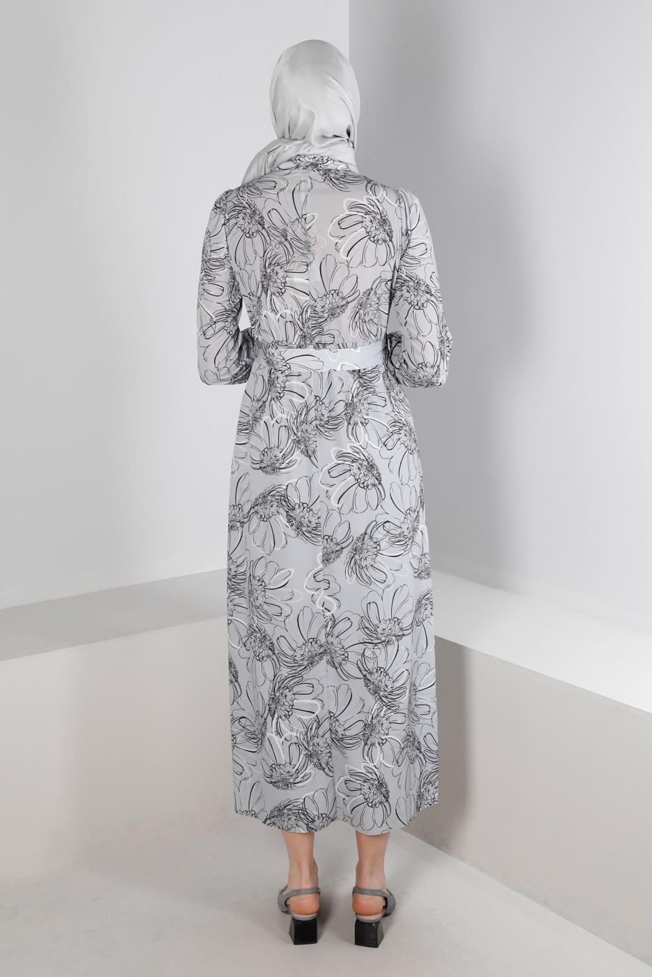 Tesettür giyim GRİ ALVİNA ÇİÇEK DESENLİ ELBİSE 42890