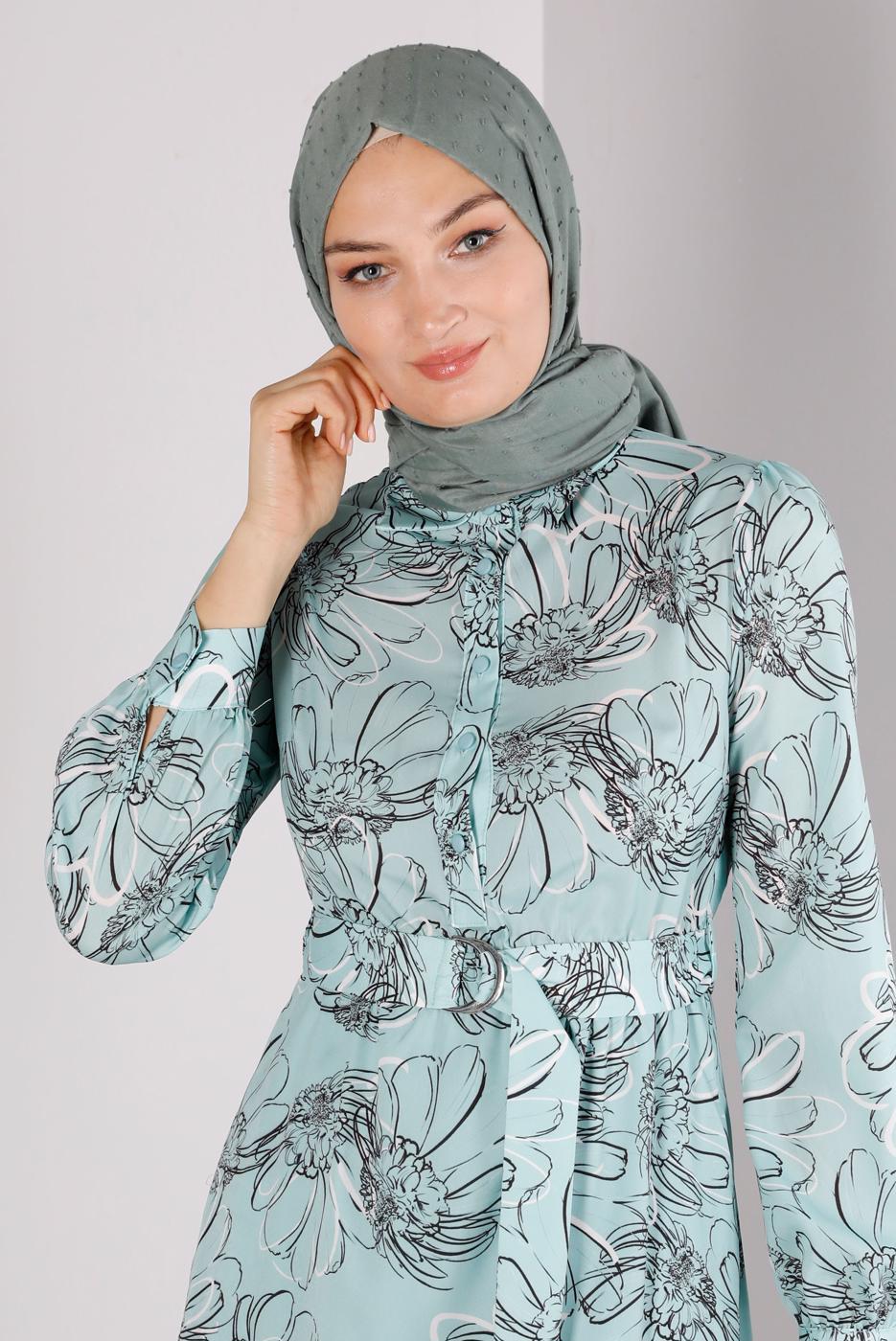 Tesettür giyim YEŞİL ALVİNA ÇİÇEK DESENLİ ELBİSE 42890
