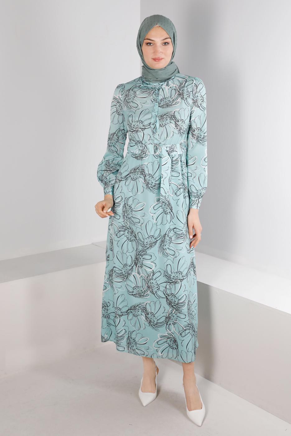 Tesettür giyim YEŞİL ALVİNA ÇİÇEK DESENLİ ELBİSE 42890