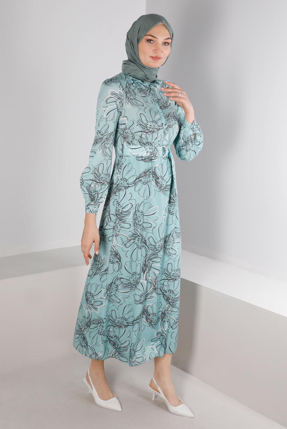 Tesettür giyim YEŞİL ALVİNA ÇİÇEK DESENLİ ELBİSE 42890