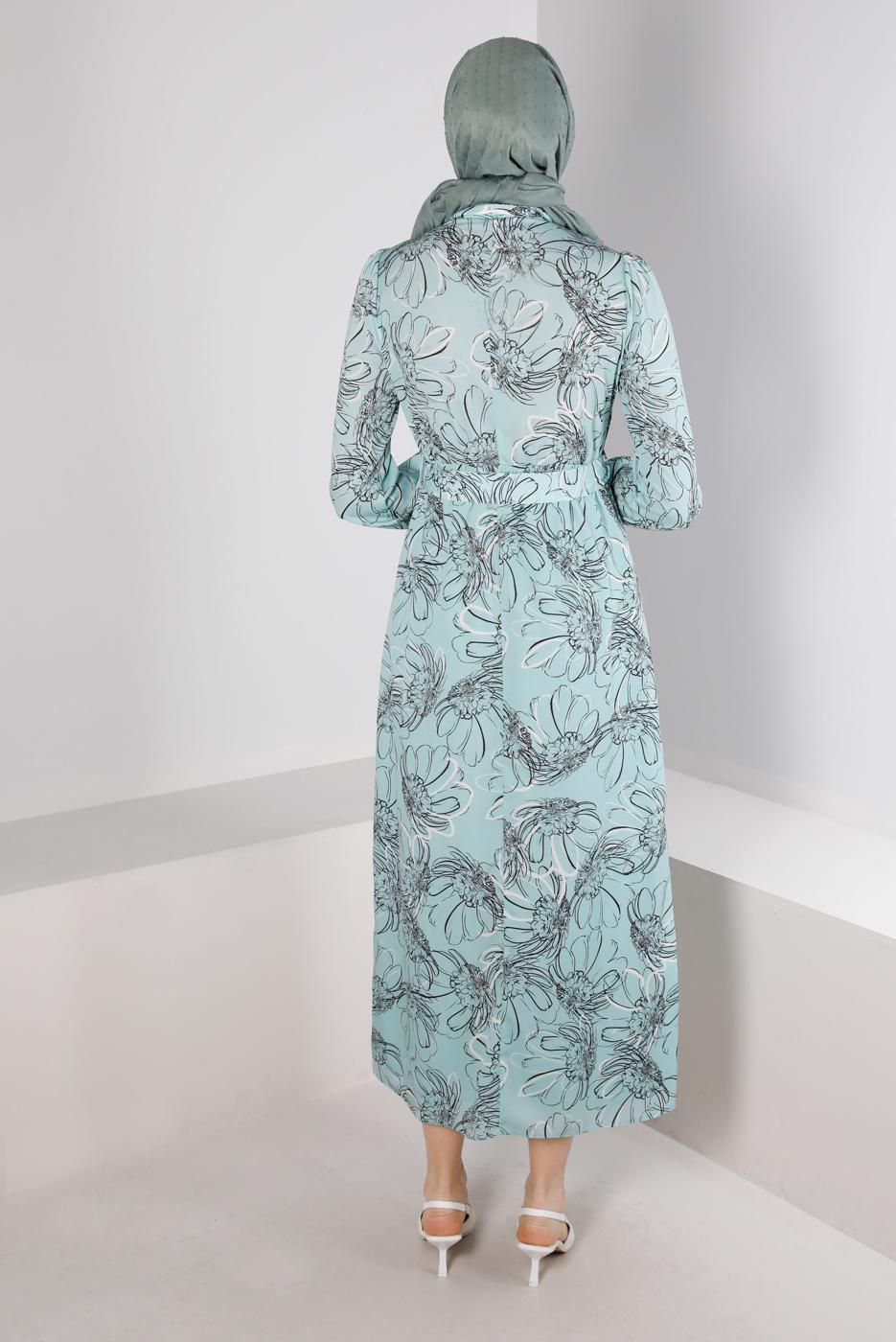 Tesettür giyim YEŞİL ALVİNA ÇİÇEK DESENLİ ELBİSE 42890