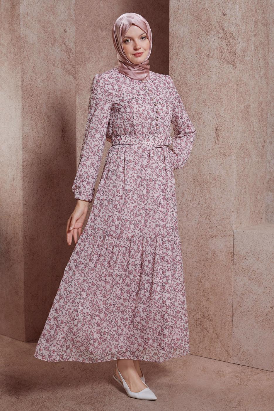 Tesettür giyim PEMBE ALVİNA KEMERLİ ÇİÇEK DESENLİ ELBİSE T 42891