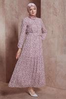 Tesettür giyim PEMBE ALVİNA KEMERLİ ÇİÇEK DESENLİ ELBİSE T 42891