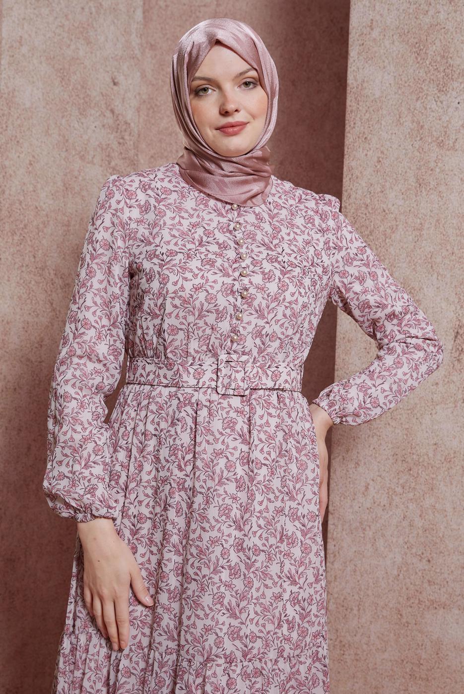 Tesettür giyim PEMBE ALVİNA KEMERLİ ÇİÇEK DESENLİ ELBİSE T 42891