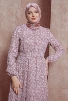 Tesettür giyim PEMBE ALVİNA KEMERLİ ÇİÇEK DESENLİ ELBİSE T 42891