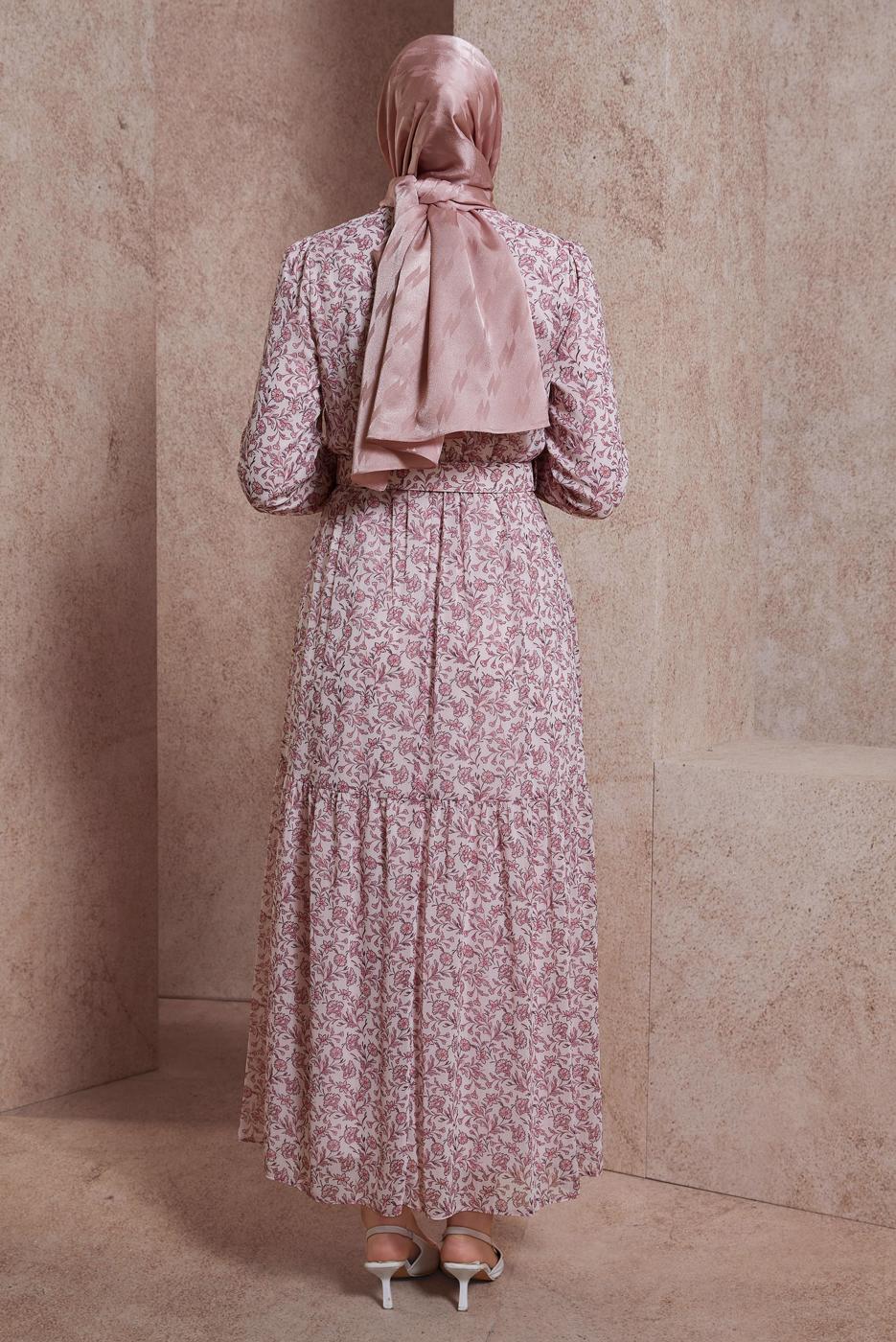 Tesettür giyim PEMBE ALVİNA KEMERLİ ÇİÇEK DESENLİ ELBİSE T 42891