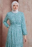 Tesettür giyim YEŞİL ALVİNA KEMERLİ ÇİÇEK DESENLİ ELBİSE T 42891
