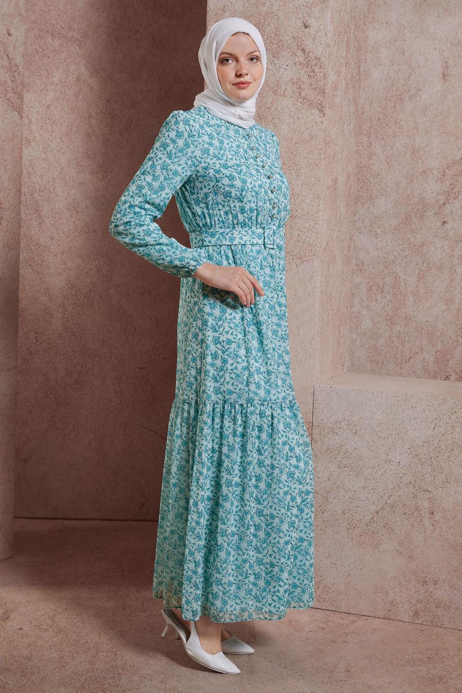 Tesettür giyim YEŞİL ALVİNA KEMERLİ ÇİÇEK DESENLİ ELBİSE T 42891