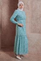 Tesettür giyim YEŞİL ALVİNA KEMERLİ ÇİÇEK DESENLİ ELBİSE T 42891