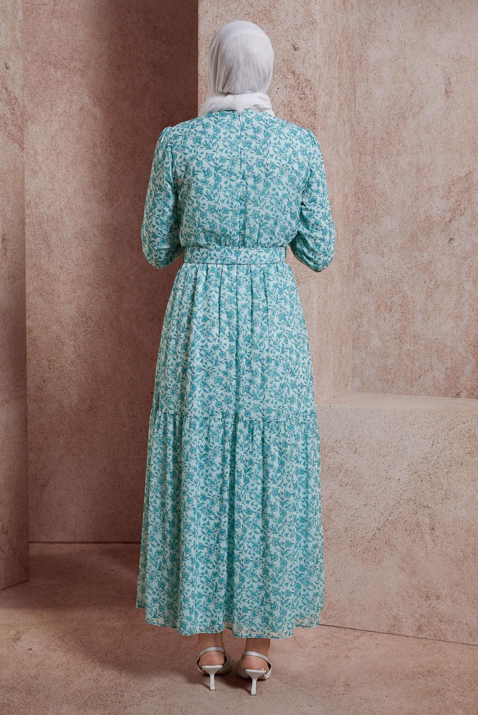 Tesettür giyim YEŞİL ALVİNA KEMERLİ ÇİÇEK DESENLİ ELBİSE T 42891