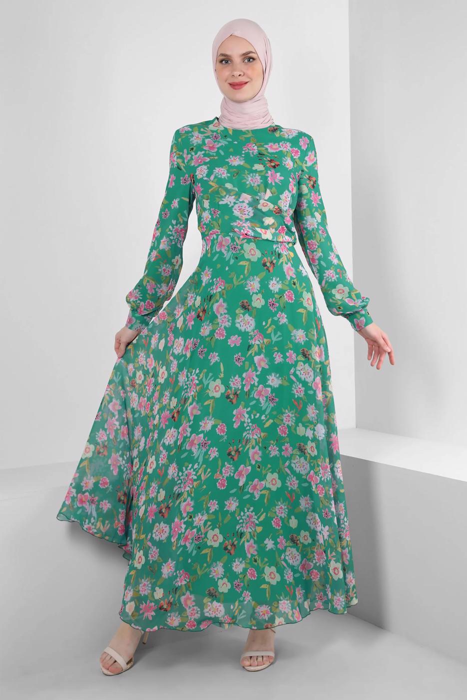 Tesettür giyim YEŞİL ALVİNA DESENLİ TESETTÜR ELBİSE T 42893