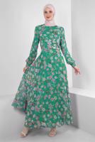 Tesettür giyim YEŞİL ALVİNA DESENLİ TESETTÜR ELBİSE T 42893