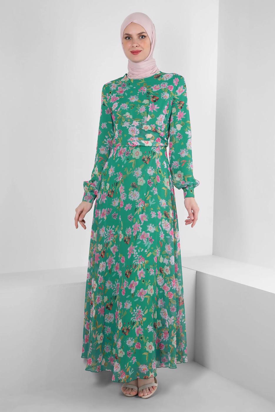 Tesettür giyim YEŞİL ALVİNA DESENLİ TESETTÜR ELBİSE T 42893