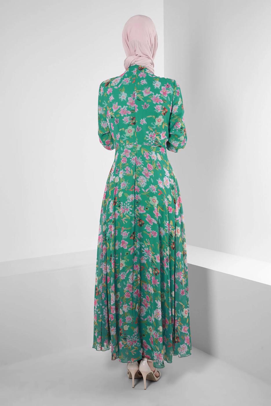 Tesettür giyim YEŞİL ALVİNA DESENLİ TESETTÜR ELBİSE T 42893
