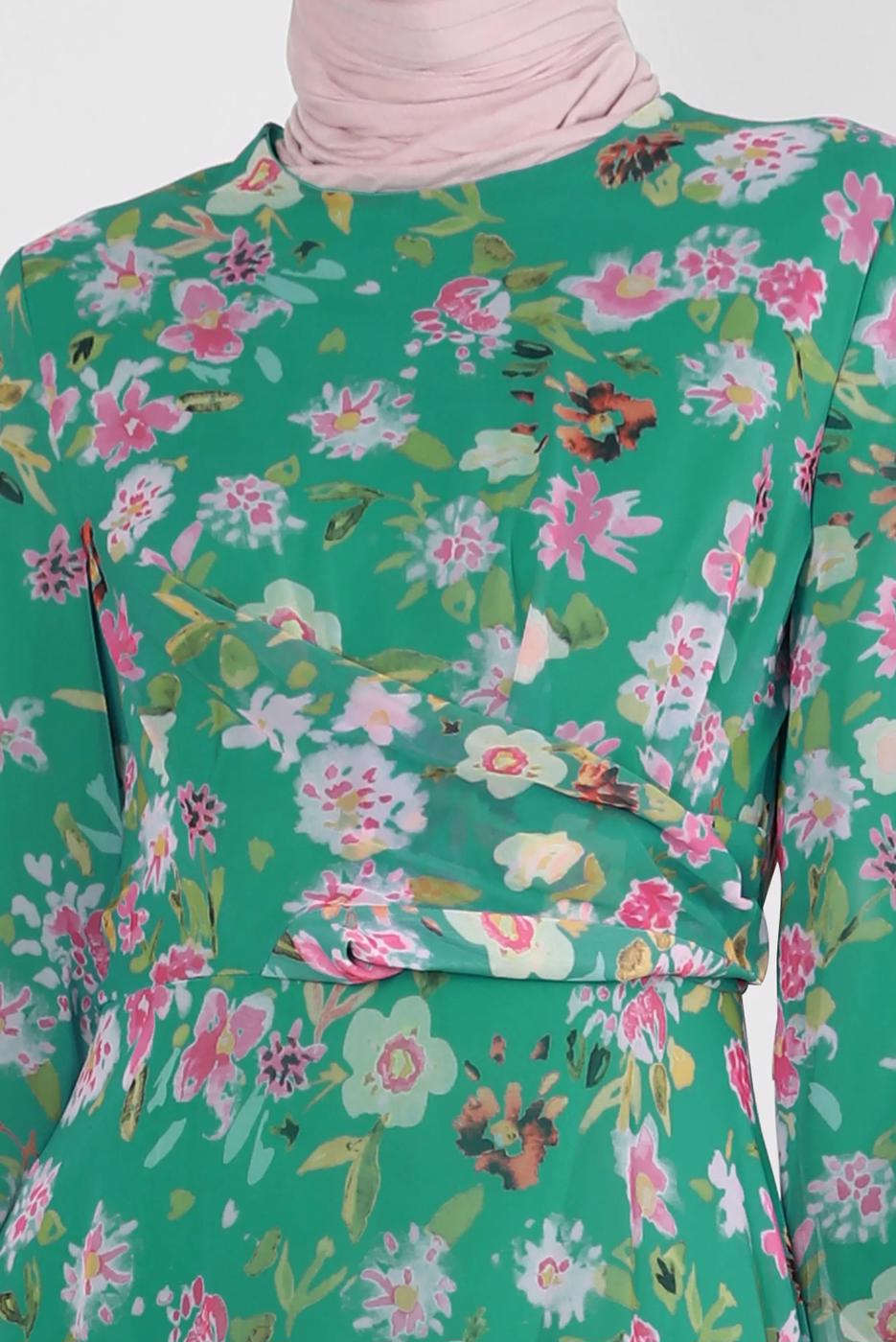 Tesettür giyim YEŞİL ALVİNA DESENLİ TESETTÜR ELBİSE T 42893