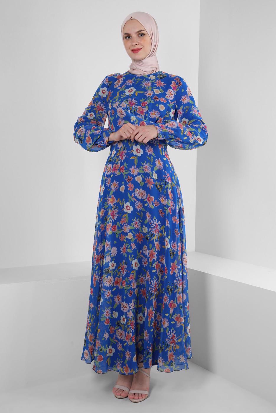 Tesettür giyim LACİVERT ALVİNA DESENLİ TESETTÜR ELBİSE T 42893