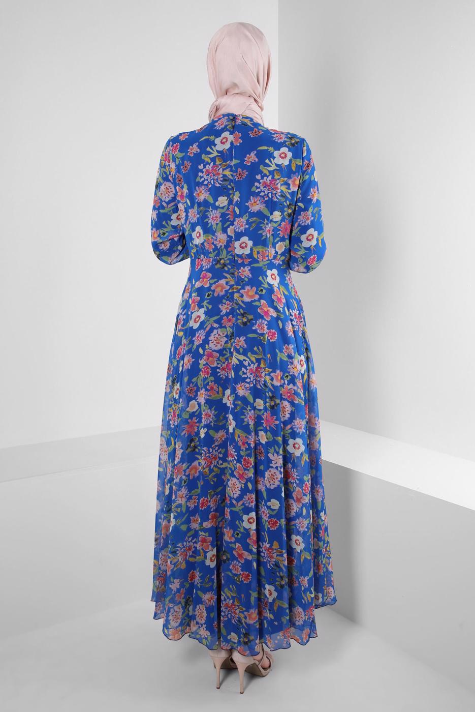 Tesettür giyim LACİVERT ALVİNA DESENLİ TESETTÜR ELBİSE T 42893