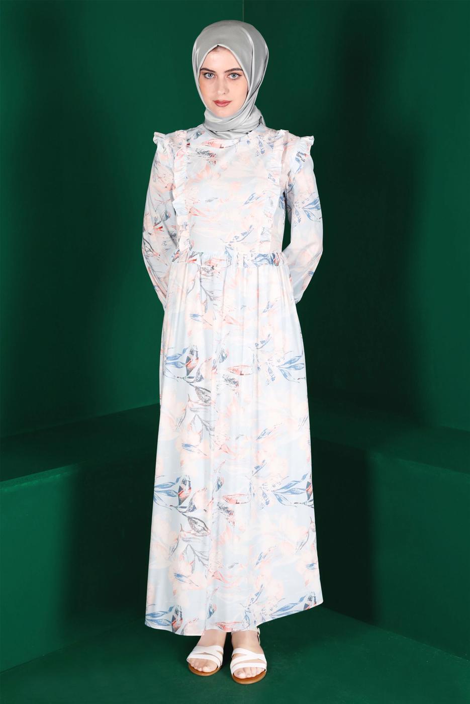 Tesettür giyim MAVİ ALVİNA DESENLİ TESETTÜR ELBİSE T 42905