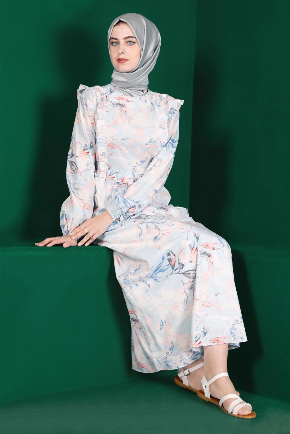 Tesettür giyim MAVİ ALVİNA DESENLİ TESETTÜR ELBİSE T 42905