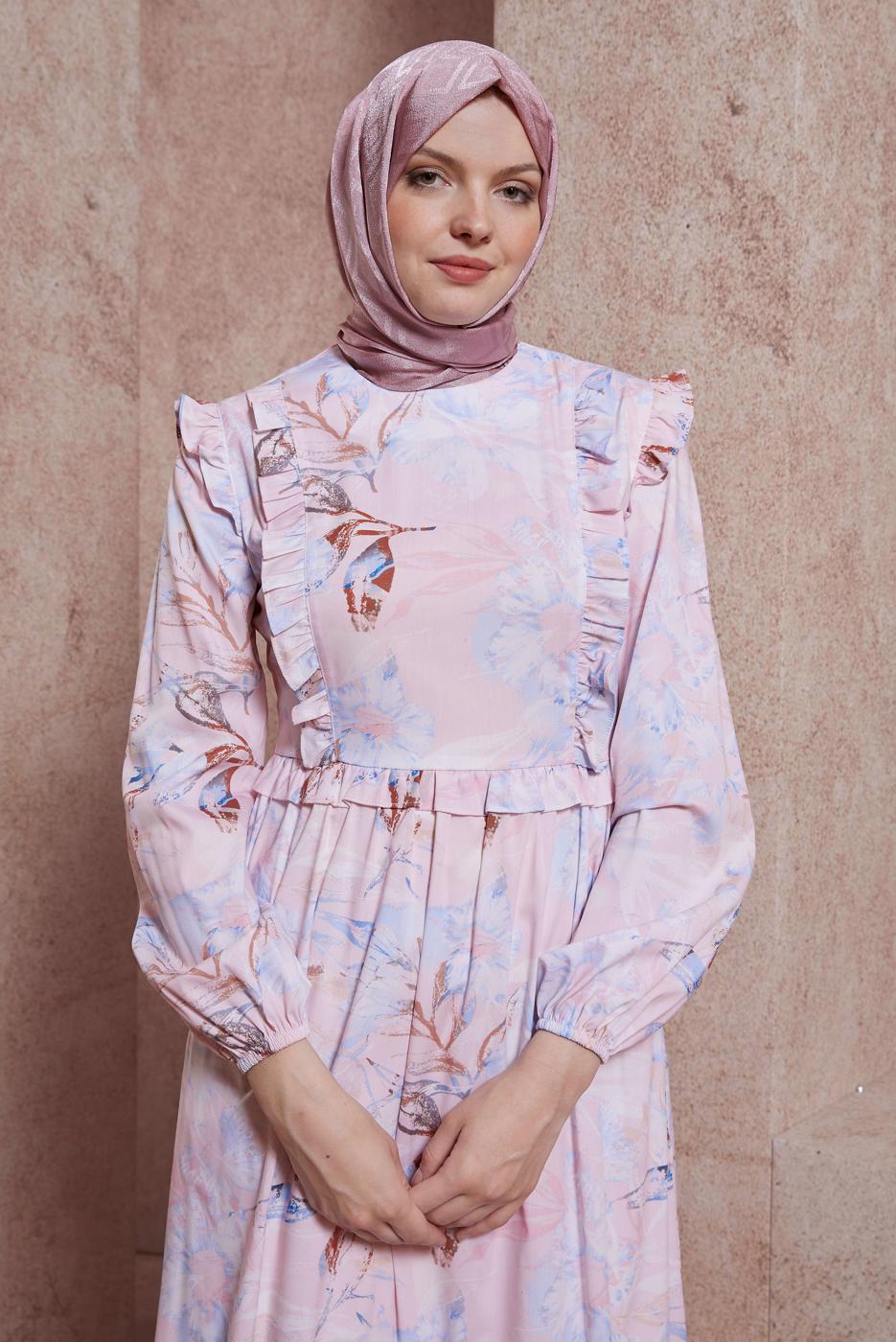 Tesettür giyim PEMBE ALVİNA DESENLİ TESETTÜR ELBİSE T 42905