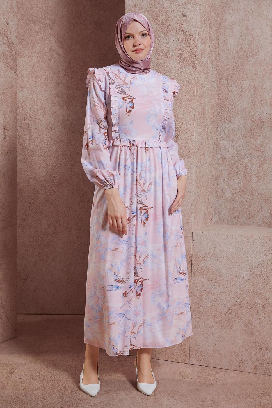 Tesettür giyim PEMBE ALVİNA DESENLİ TESETTÜR ELBİSE T 42905