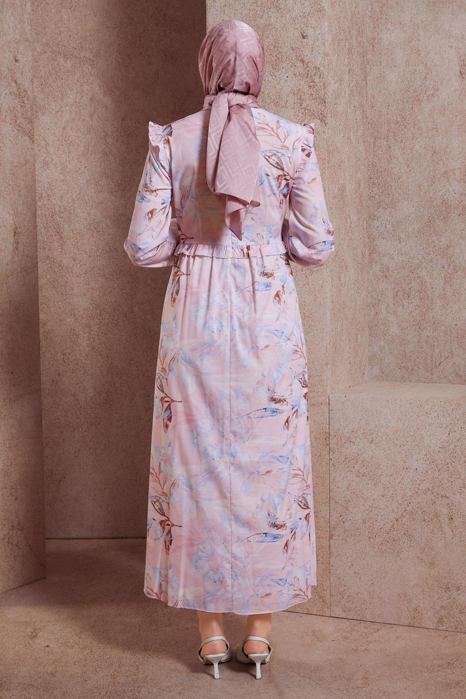 Tesettür giyim PEMBE ALVİNA DESENLİ TESETTÜR ELBİSE T 42905