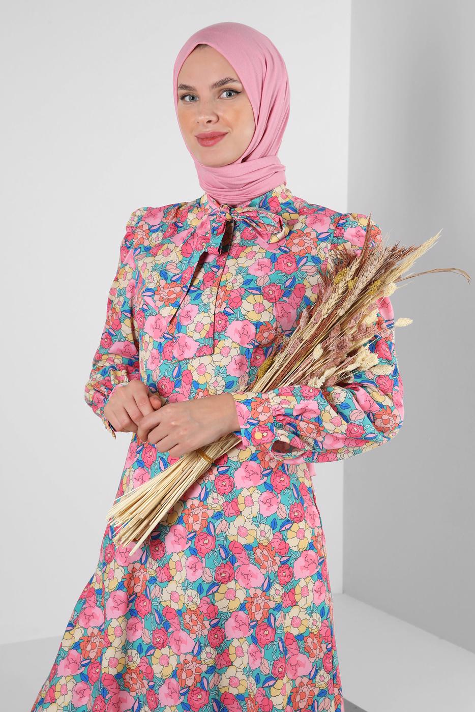 Tesettür giyim PEMBE ALVİNA ÇİÇEK DESENLİ ELBİSE 42908