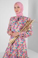 Tesettür giyim PEMBE ALVİNA ÇİÇEK DESENLİ ELBİSE 42908