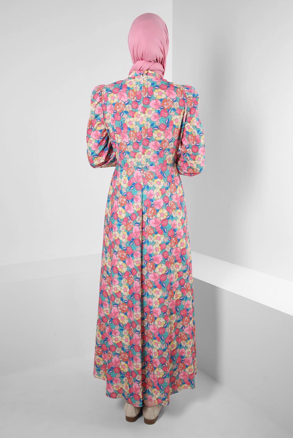 Tesettür giyim PEMBE ALVİNA ÇİÇEK DESENLİ ELBİSE 42908