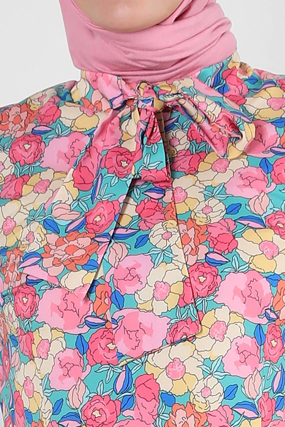 Tesettür giyim PEMBE ALVİNA ÇİÇEK DESENLİ ELBİSE 42908