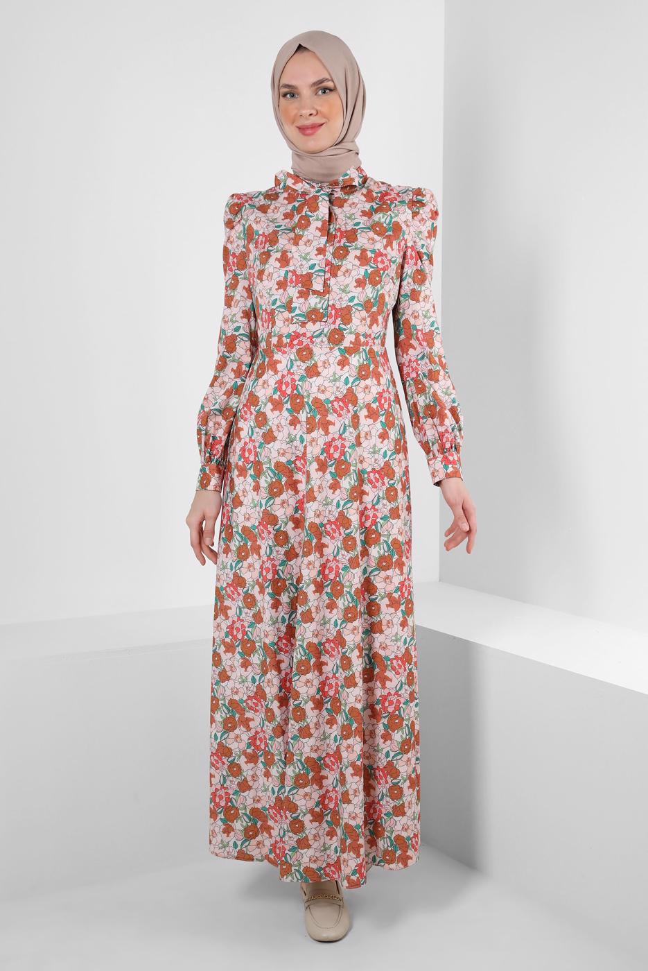 Tesettür giyim TABA ALVİNA ÇİÇEK DESENLİ ELBİSE 42908