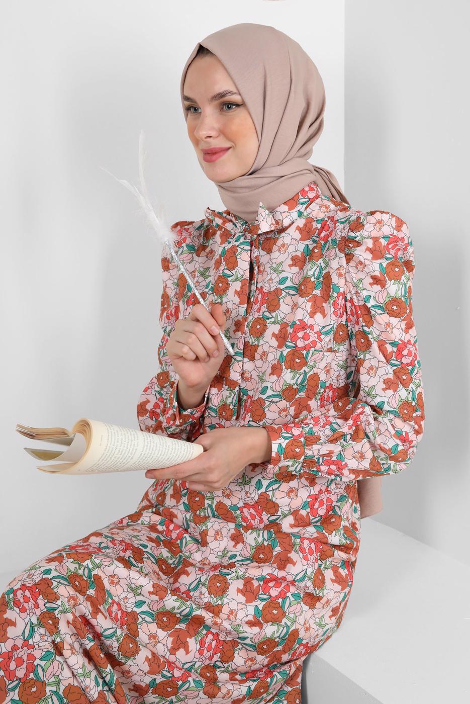 Tesettür giyim TABA ALVİNA ÇİÇEK DESENLİ ELBİSE 42908