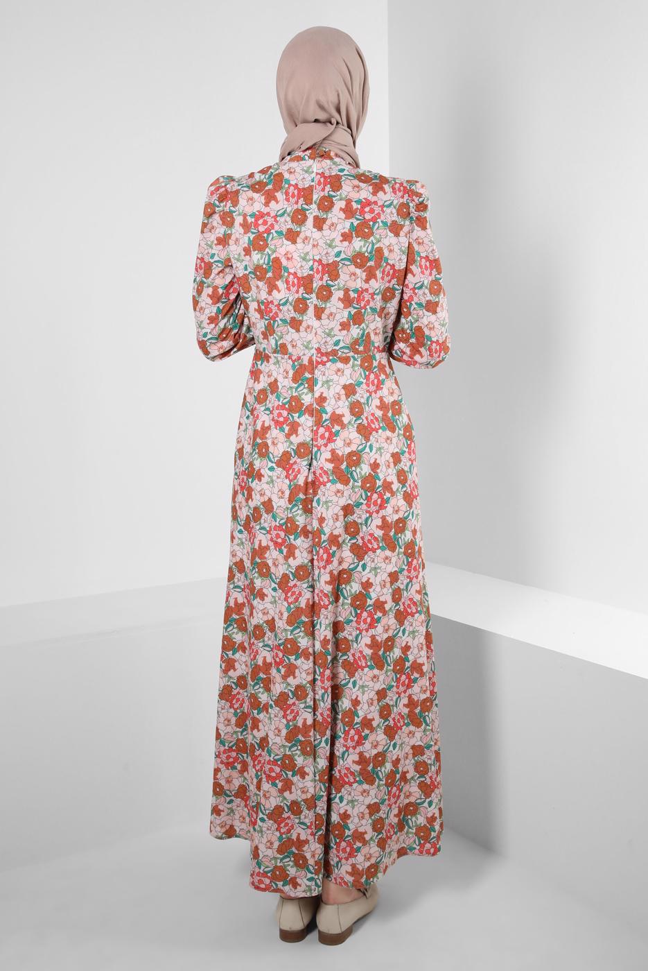 Tesettür giyim TABA ALVİNA ÇİÇEK DESENLİ ELBİSE 42908