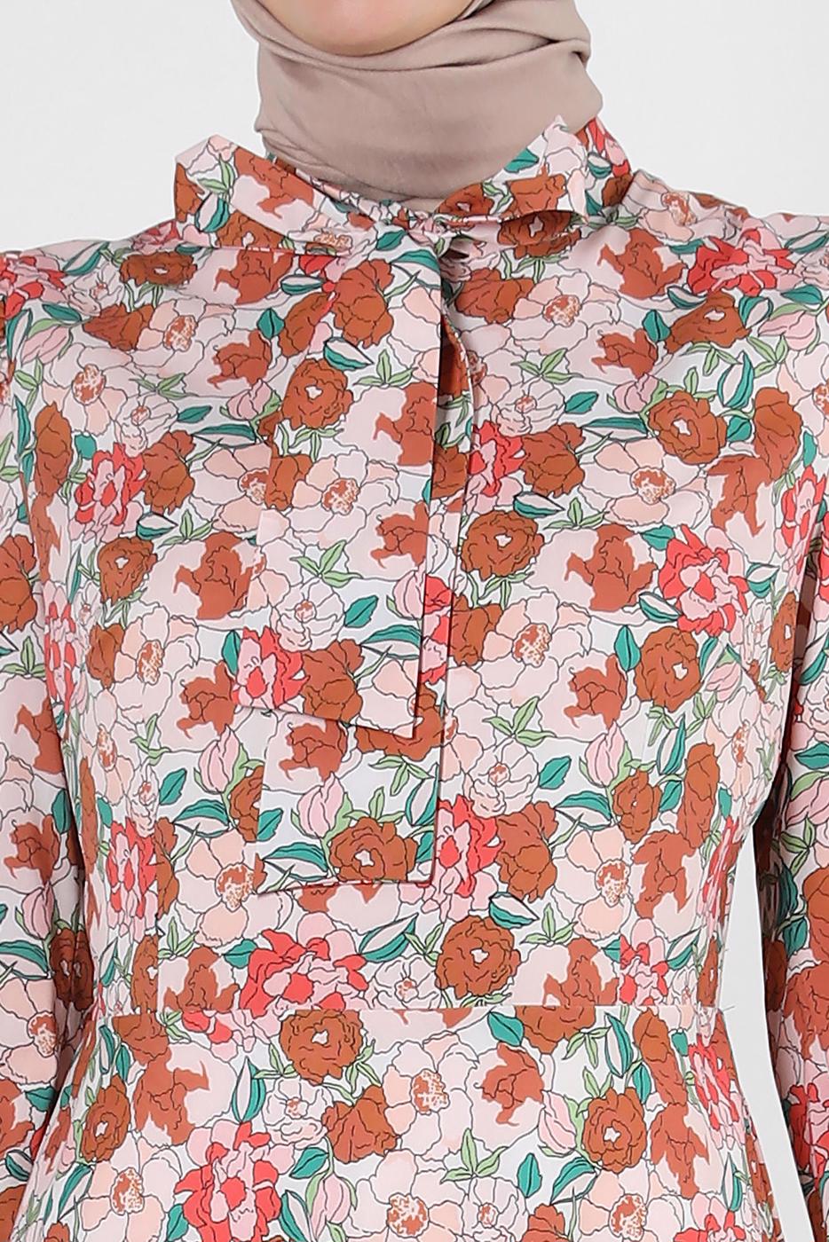 Tesettür giyim TABA ALVİNA ÇİÇEK DESENLİ ELBİSE 42908