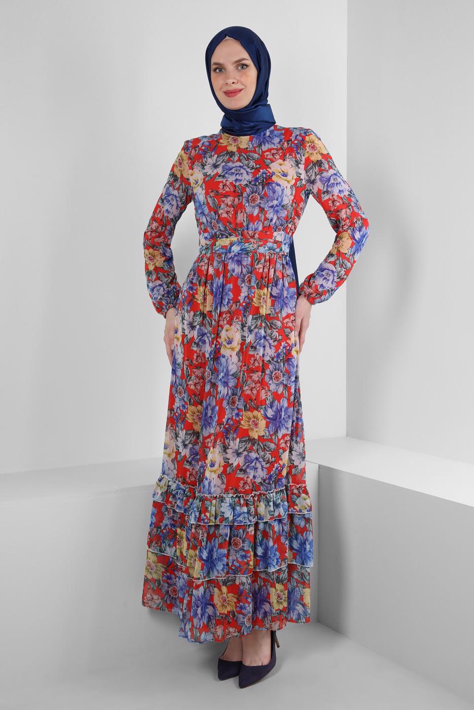Tesettür giyim KIRMIZI ALVİNA ÇİÇEK DESENLİ ELBİSE 42913