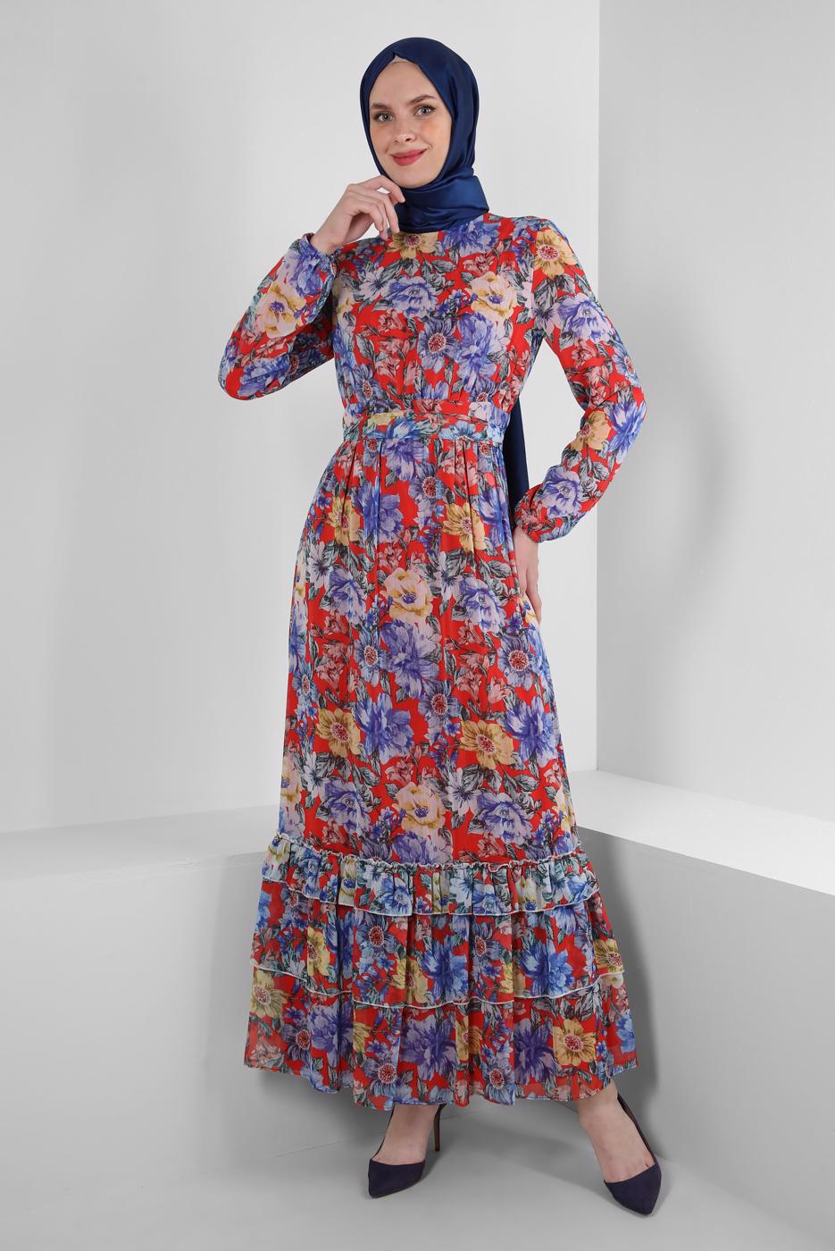 Tesettür giyim KIRMIZI ALVİNA ÇİÇEK DESENLİ ELBİSE 42913