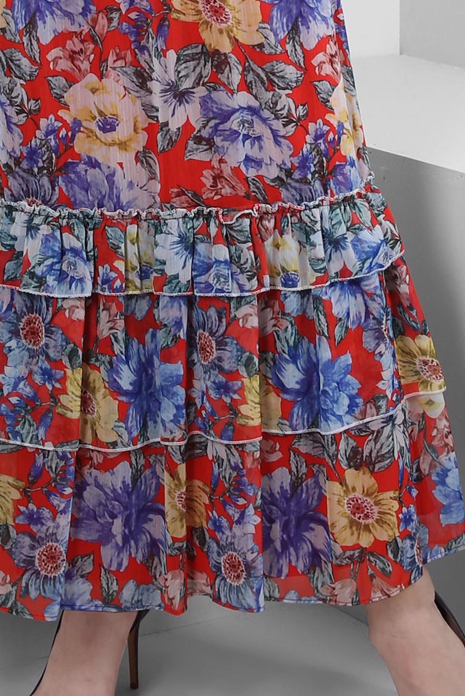 Tesettür giyim KIRMIZI ALVİNA ÇİÇEK DESENLİ ELBİSE 42913