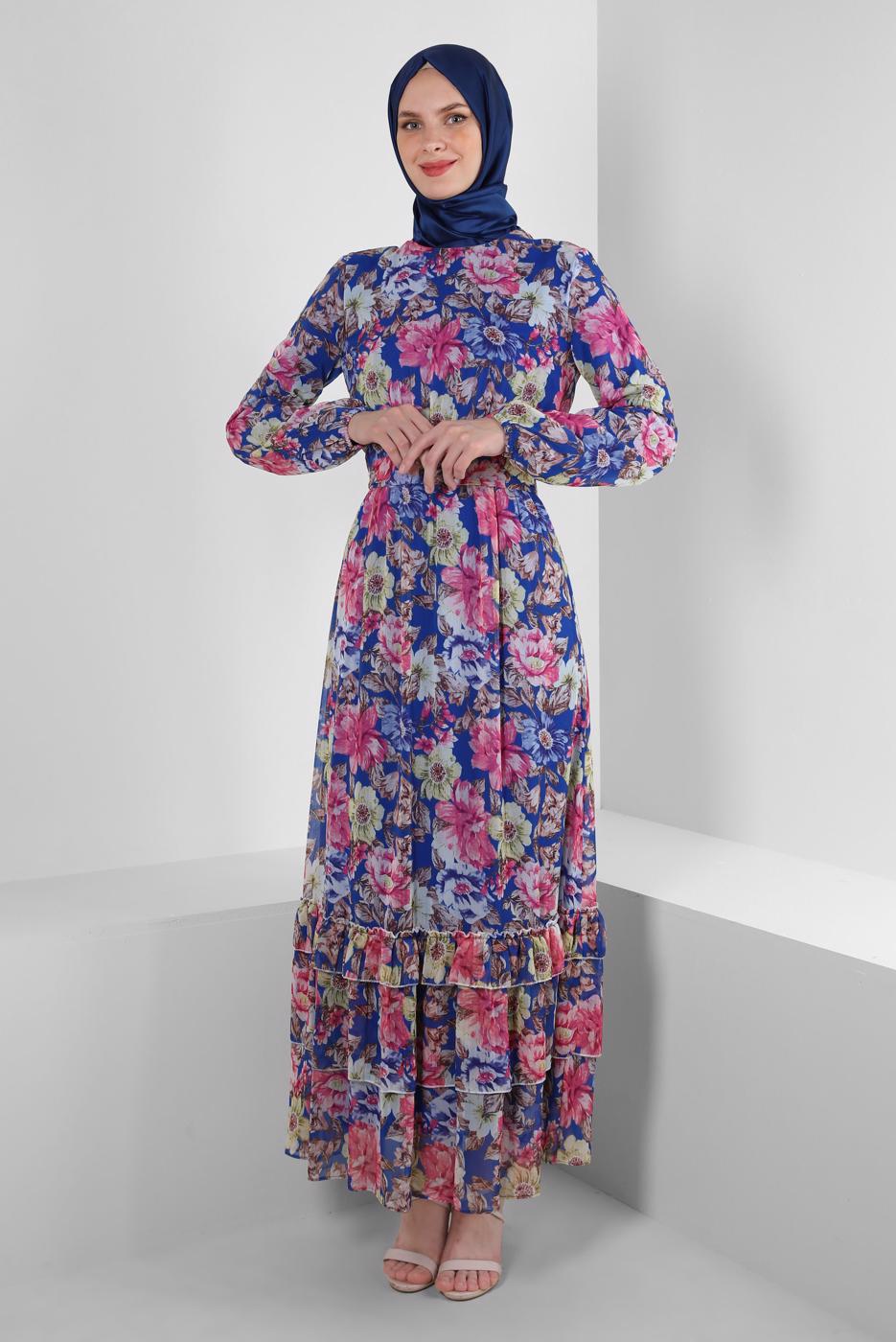 Tesettür giyim LACİVERT ALVİNA ÇİÇEK DESENLİ ELBİSE 42913
