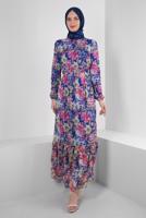 Tesettür giyim LACİVERT ALVİNA ÇİÇEK DESENLİ ELBİSE 42913