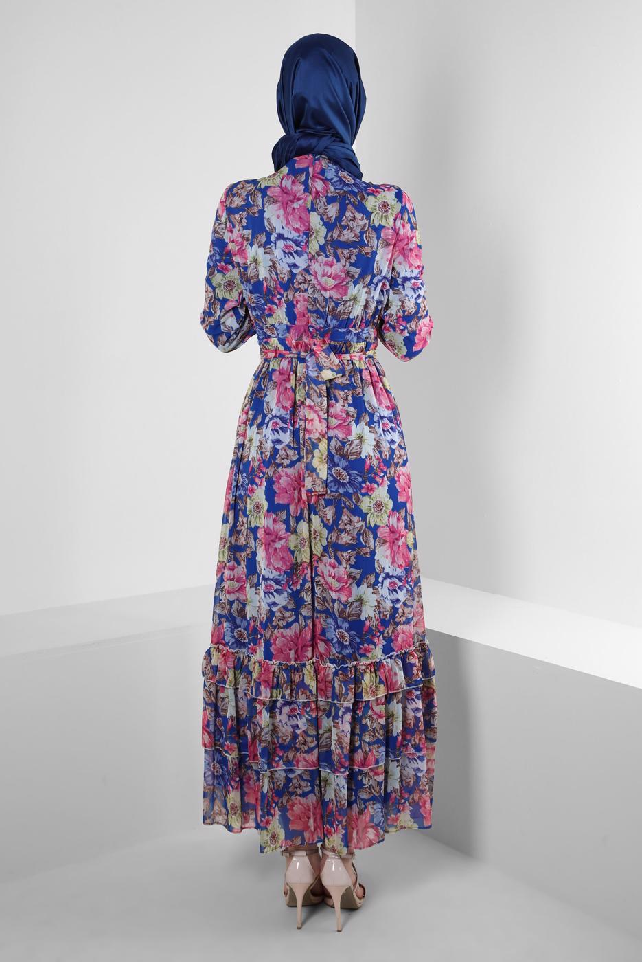 Tesettür giyim LACİVERT ALVİNA ÇİÇEK DESENLİ ELBİSE 42913