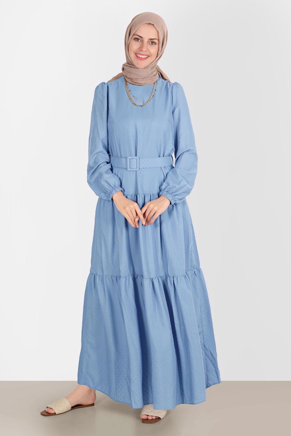 Tesettür giyim MAVİ ALVİNA KEMERLİ TESETTÜR ELBİSE T 42921