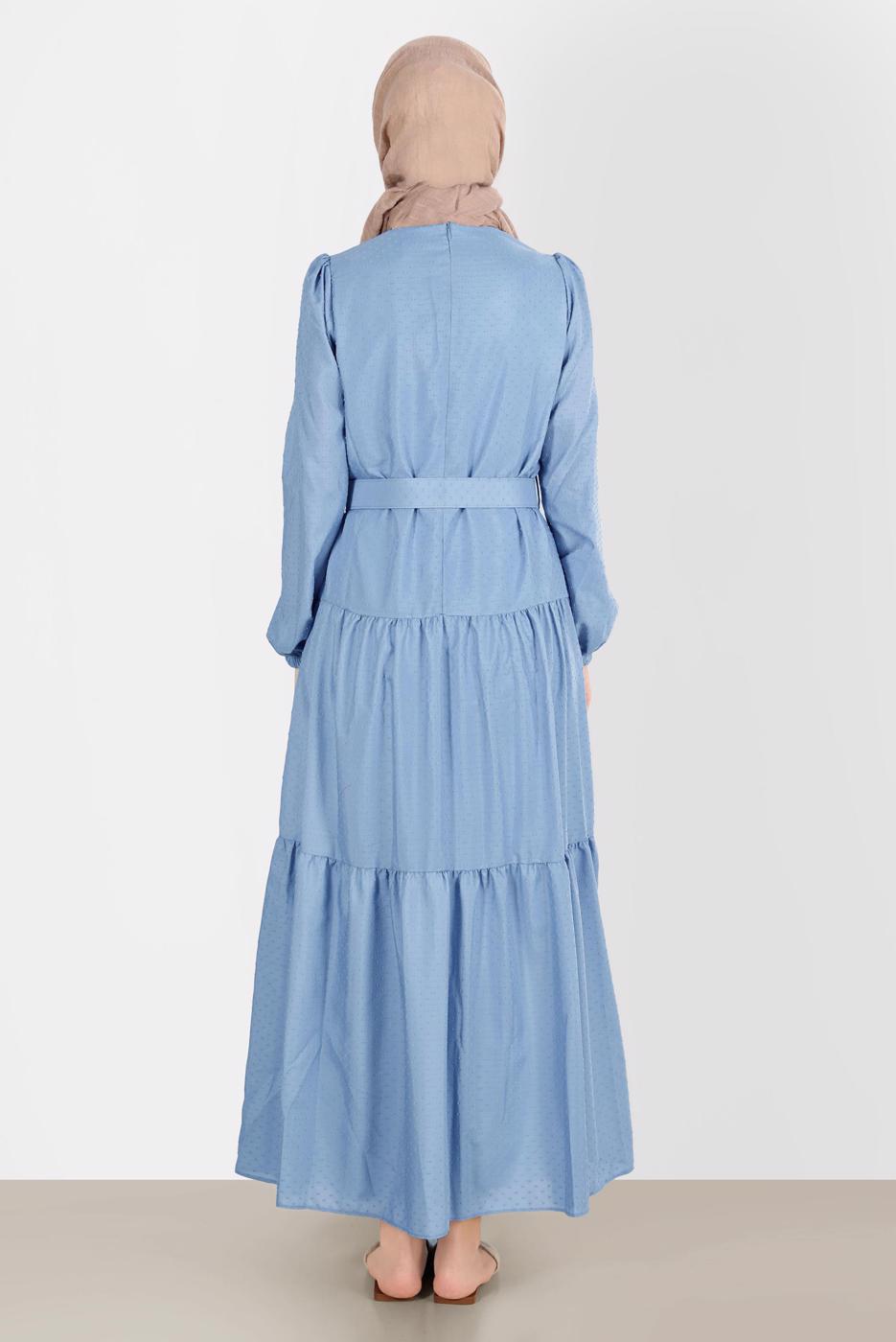 Tesettür giyim MAVİ ALVİNA KEMERLİ TESETTÜR ELBİSE T 42921