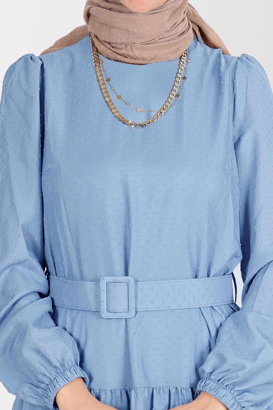 Tesettür giyim MAVİ ALVİNA KEMERLİ TESETTÜR ELBİSE T 42921