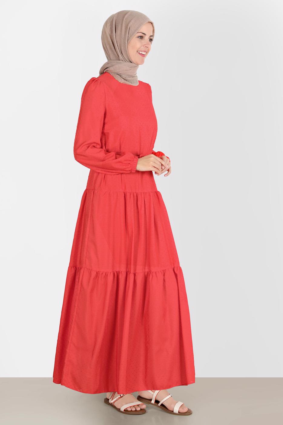 Tesettür giyim KIRMIZI ALVİNA KEMERLİ TESETTÜR ELBİSE T 42921
