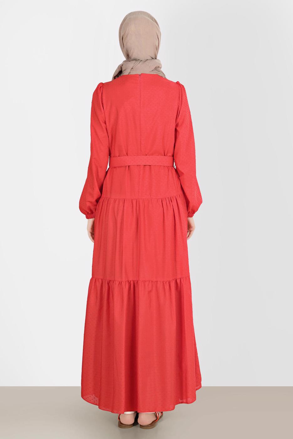 Tesettür giyim KIRMIZI ALVİNA KEMERLİ TESETTÜR ELBİSE T 42921