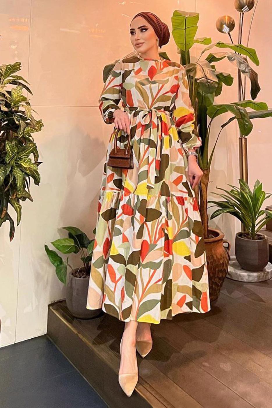 Tesettür giyim ÇOK RENKLİ DESENLİ RENKLİ ELBİSE 4337 