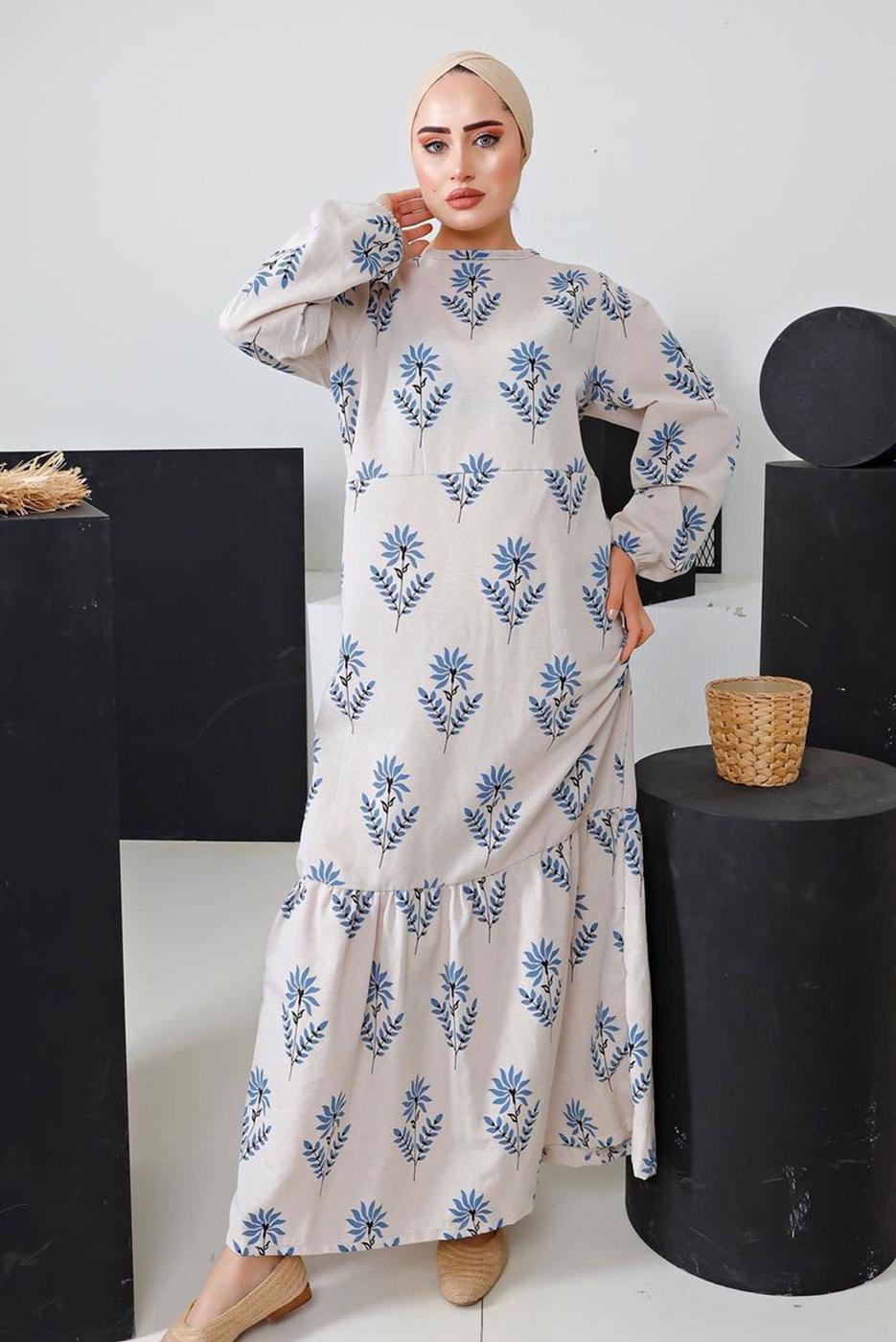 Tesettür giyim MAVİ ÇİÇEK DESENLİ KUŞAKLI KETEN ELBİSE 4452 