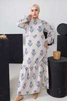 Tesettür giyim MAVİ ÇİÇEK DESENLİ KUŞAKLI KETEN ELBİSE 4452 