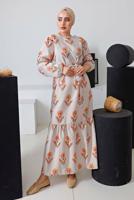 Tesettür giyim TURUNCU ÇİÇEK DESENLİ KUŞAKLI KETEN ELBİSE 4452 